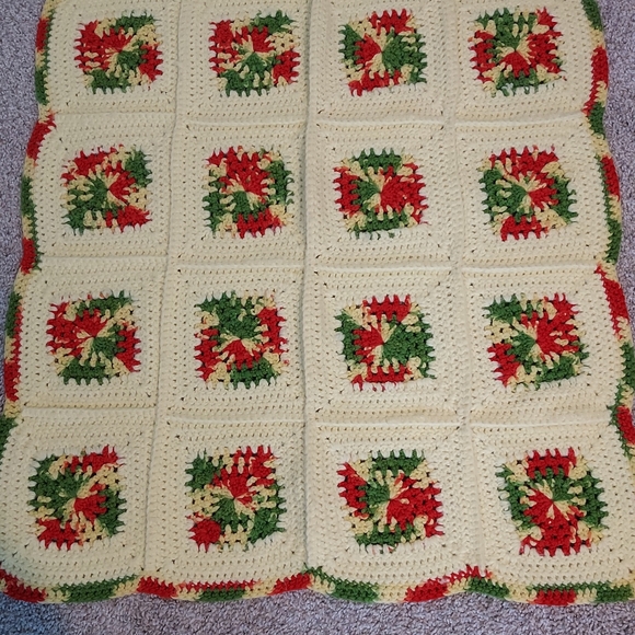 Handmade Crocheted Butter Yellow Red Green Throw Lap Blanket Afghan Granny 24x30 - Picture 6 of 11